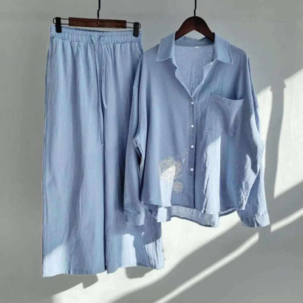 

Женский комплект из рубашки и брюк, легкая рубашка и брюки, комплект из рубашки и брюк с принтом одуванчика, стильные брюки с широкими штанинами для весны и осени