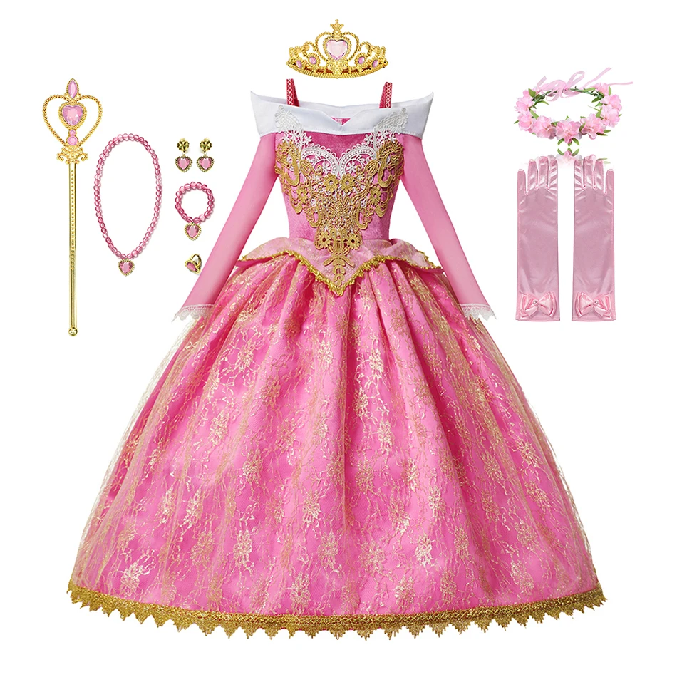 Disney Cinderella Cosplay Costume Girls Belle Snow White Aurora Princess Dress Halloween Birthday Party Ball Gown Kids Clothes