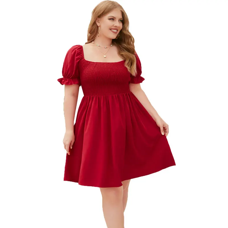 Plus Size Summer Dresses 3XL 4XL Women Clothing Elegant Square Collar Solid Puff Sleeve Short Beach Party Dresses for Women 2023