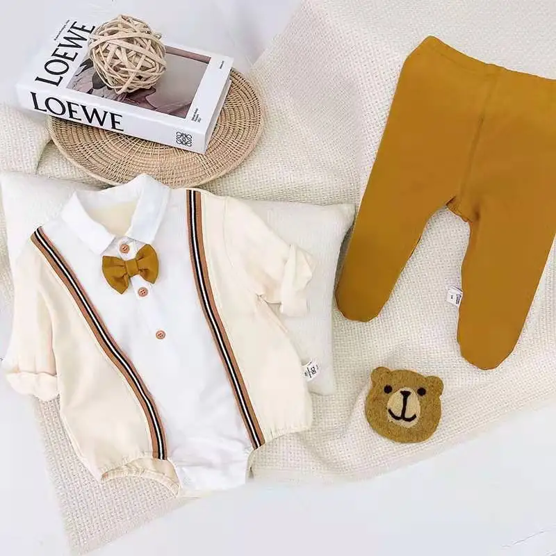 

2022 New Autumn Newborn Baby Boy Girl Clothes Onesie Romper Jumpsuit Infant Outfit with Bow Tie Baby Unisex Costume