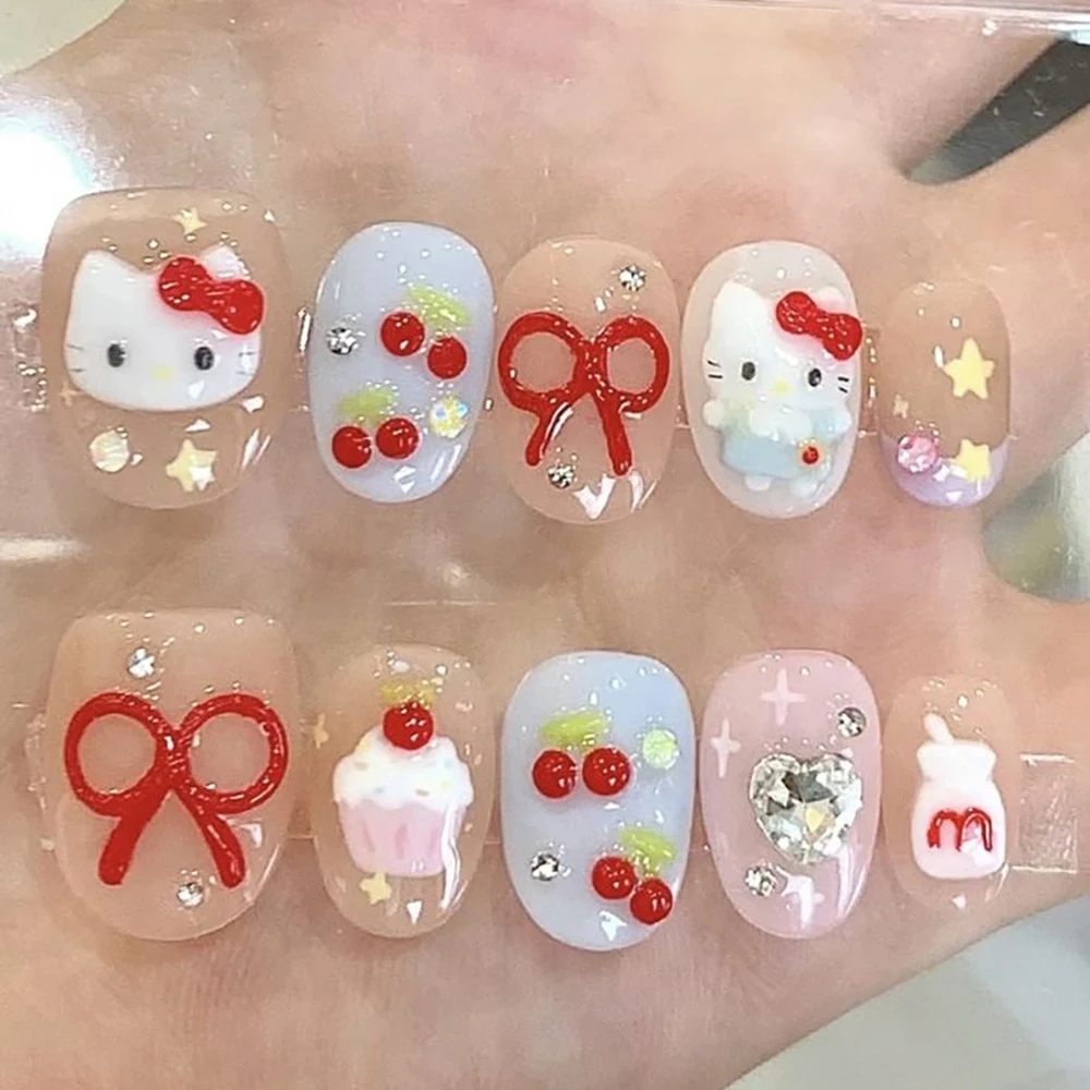 3D короткий круг ручной работы Hello Kitty Press On Nails Art Nude Pink Cherry Cake Bow Love Diamond Портативная