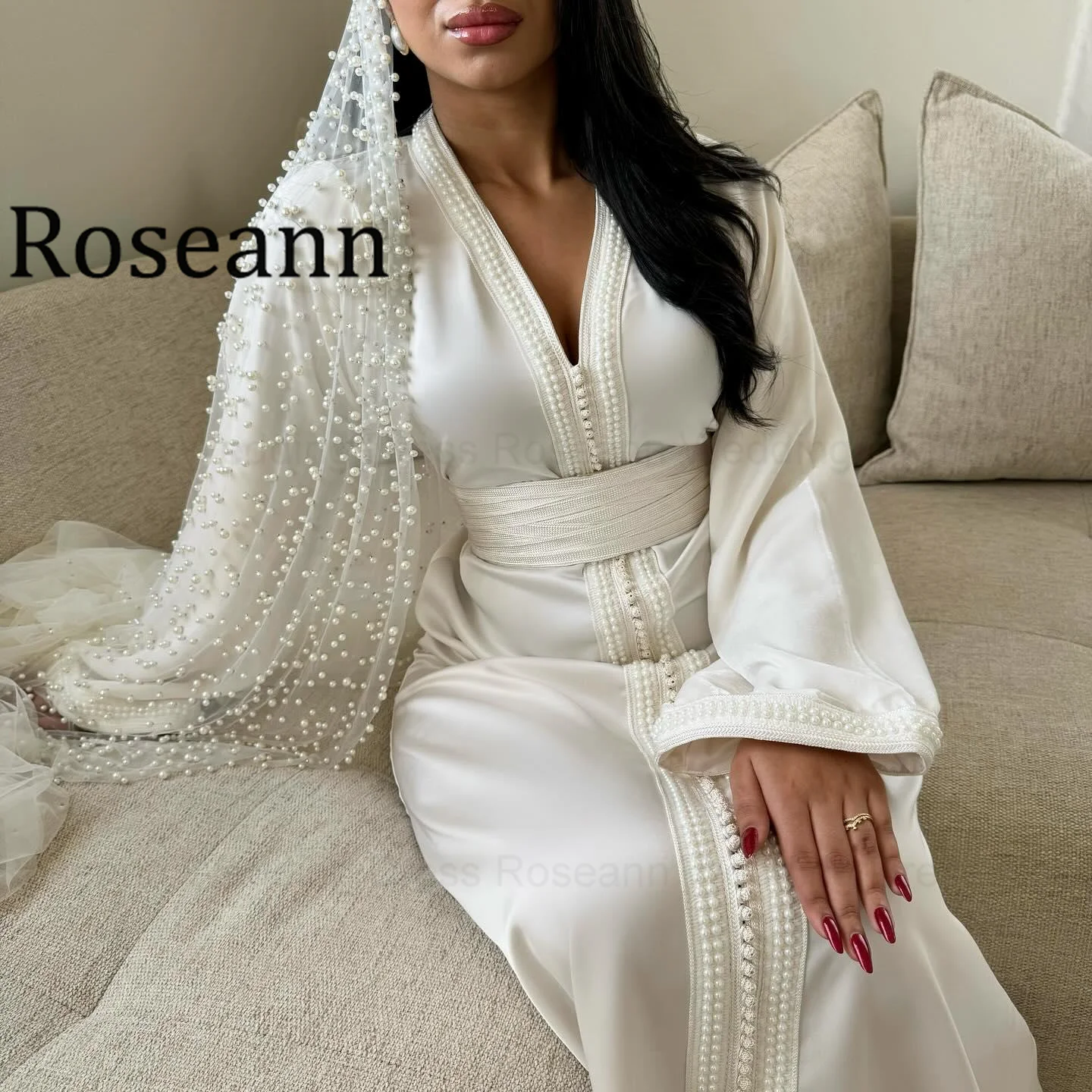 Фото Свадебное платье Roseann в богемном стиле 2026: Красивое женское платье-кафтан с V-образным вырезом и поясом для помолвки, свадебное платье в стиле бохо 2026 №1