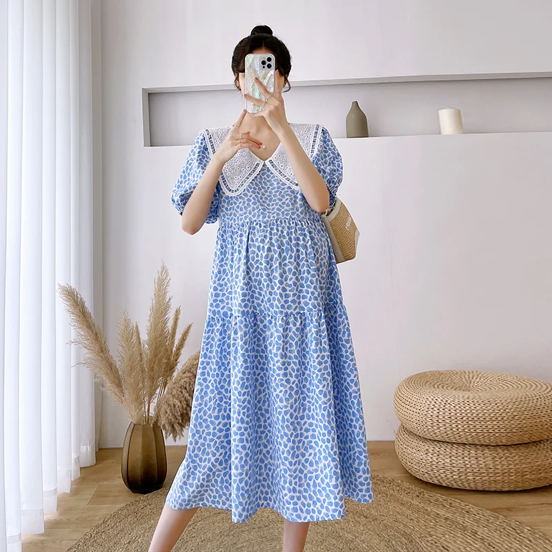 

8619 #2022 летнее корейское Модное Длинное Платье с принтом для беременных элегантная Милая свободная прямая Одежда для беременных женщин посл...