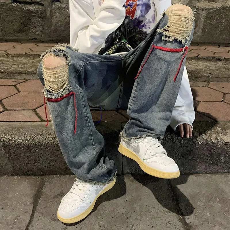 Embroidered Hole Jeans Men Fashion Retro Casual Wide Leg Jeans Men Streetwear Loose Hip Hop Ripped Straight Denim Pants Men