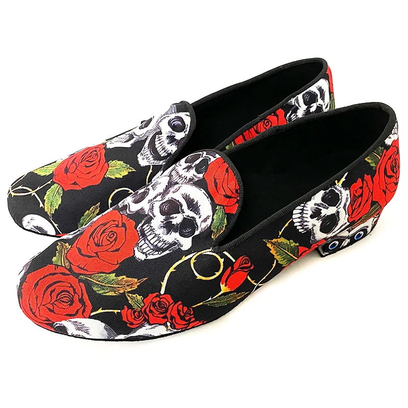 Zapatos de Baile Low Heel 2cm  Halloween Skull Red Flower Fabric SUEDE Outsole Bachata Latin Salsa Men Dance Shoes Indoor