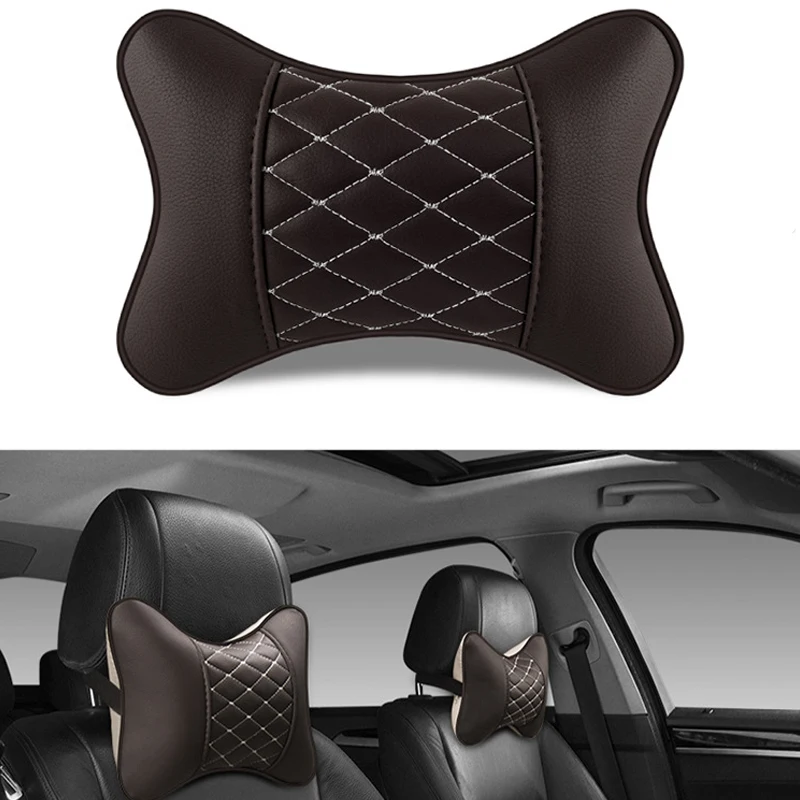 Universal Car Neck Pillows Both Side Pu Leather Pack Headrest for Head Pain Relief Filled Fiber Car Pillow Neck Pillow for Car