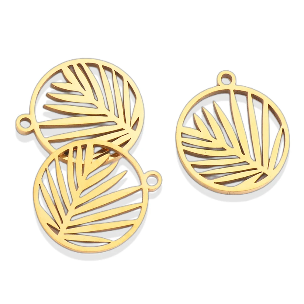 5pcs Stainless Steel Round Craft Hollow Leaves Gold Pendants for DIY Vintage Earrings Necklace Charm Jewelry Making Accessories