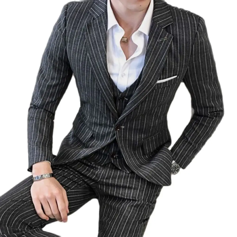 

Мужские костюмы в черную полоску с вырезом на воротнике, деловой Блейзер на одной пуговице, приталенный силуэт из 3 предметов (пиджак + жилет ...