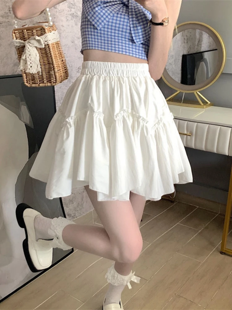 

Kawaii Mini Skirts Women White Fungus Patchwork Summer 2022 Sweet Cute Pleated Skirt Black Goth Lolita Preppy Style Y2k