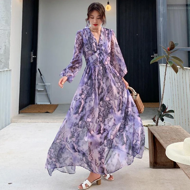 

2022 New Style Women Elegant Chiffon Beach Dress Purple Long Sleeve V Neck High Waist Holiday Dress Fashion Ladies Clothing