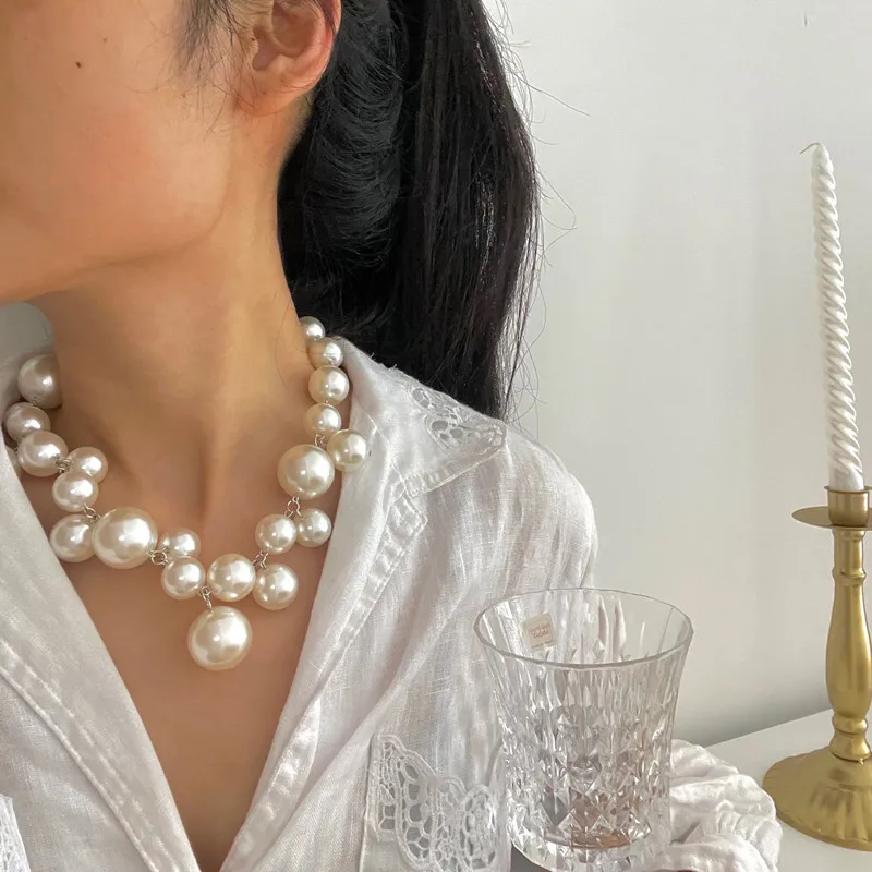 

Elegant Baroque Style Big Pearl Necklace for Women Personality Clavicle Chain White Statement Party Jewelry Choker Collares