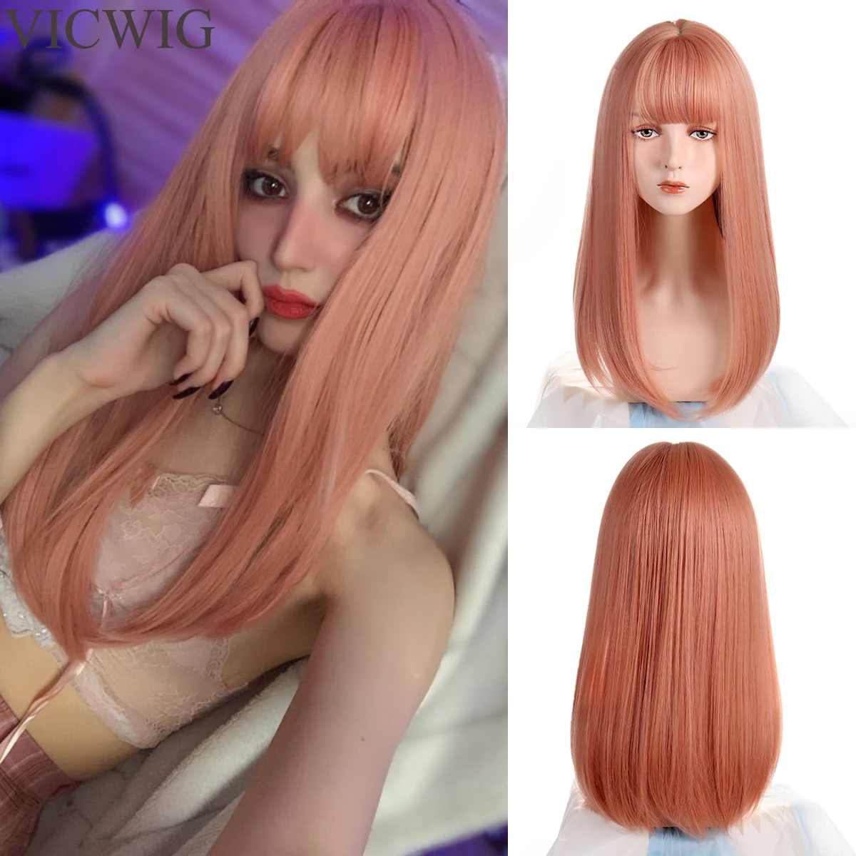 VICWIG Medium Length Cosplay Wig With Bangs Light Orange Synthetic Straight Hair Heat-resistant Rose Net Wigs For Women