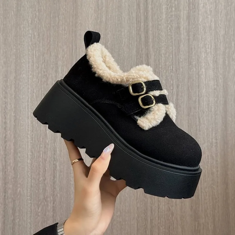 Casual Woman Shoe Loers With Fur Clogs Platform Round Toe Modis Slip-on New Creepers 2025 Winter Lace-Up Solid Leisure Fashion