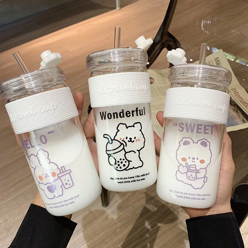 

400ml Kawaii Bear Glass Cup With Straw Cute Bear Leak Proof Milk Tea Coffee Water Bottles Transparent Glass Office Cups BPA Free