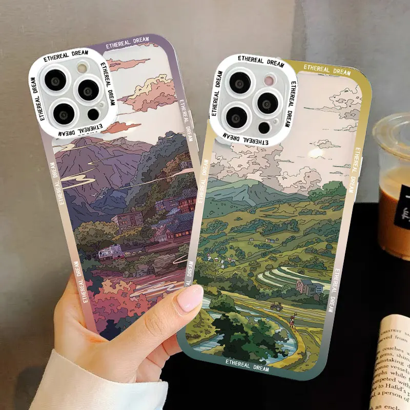 

Japanese Anime Scene Landscape Phone Case for iPhone 12 13 14 11 Pro Max X XR XS 8 7 Plus SE2 Cartoon Scenery Transparent Covers