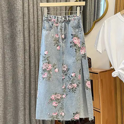 Women Denim Skirts Summer Floral Print High Waist Split A-Line Skirt Streetwear All-match Casual Jeans Skirt Female