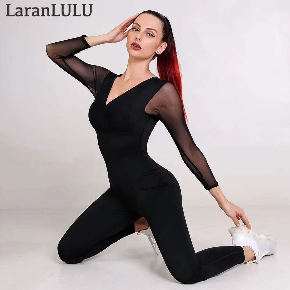 

Ballet Dance Gymnastics Yoga One Piece Unitard Women V-neck Long Sleeve Mesh Patchwork Full Length Costume Bodysuit Jumpsuit