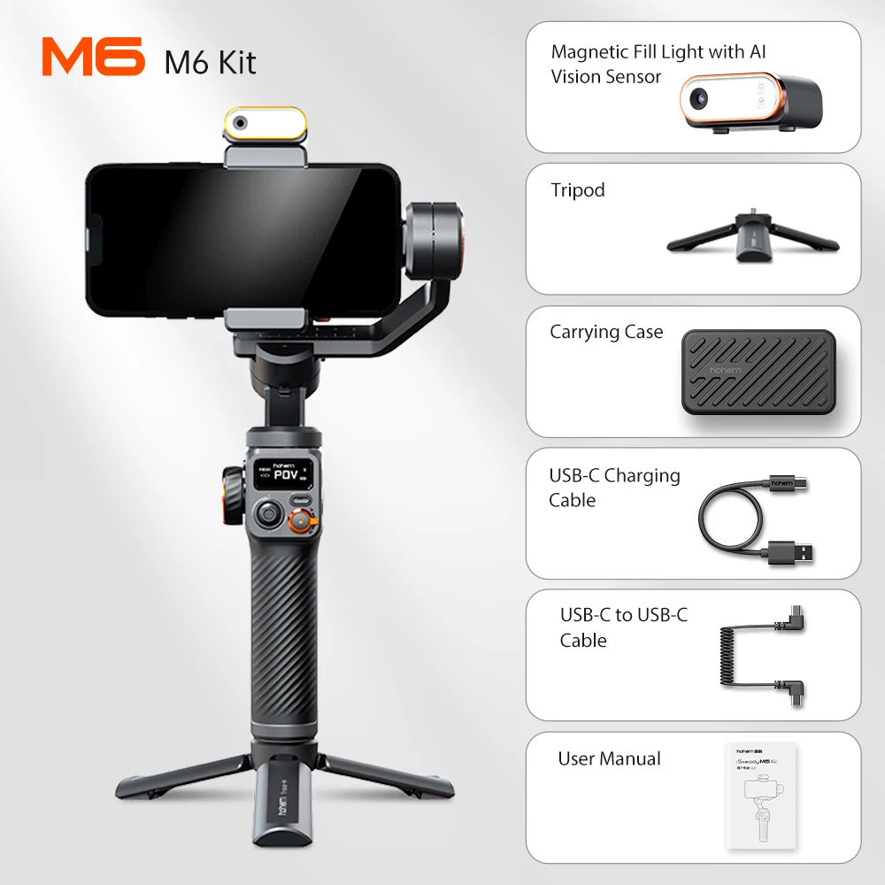 Фото Стабилизатор Hohem iSteady M6 Kit с функцией селфи-трипода для смартфонов, с магнитной подсветкой AI и полноцветными видеосветами. №2