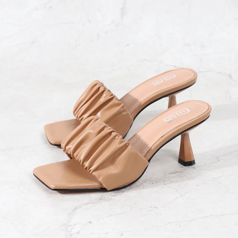 2023 Summer Sexy Women Pumps Outside Solid Pleated Ladies Slides 6cm High Heels for Female Sandals Casual Womans Modern Slippers