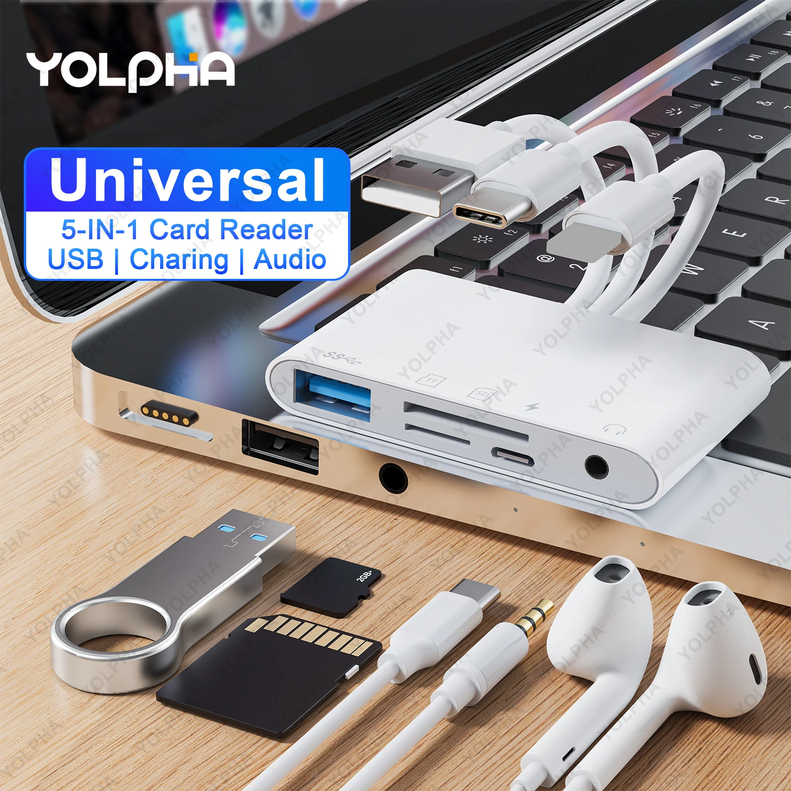 Фото Универсальная док-станция USB-концентратора USB C — SD TF Устройство чтения карт памяти OTG Кабель Адаптер камеры Type-C на 3,5 мм для iPhone iPad ПК №1
