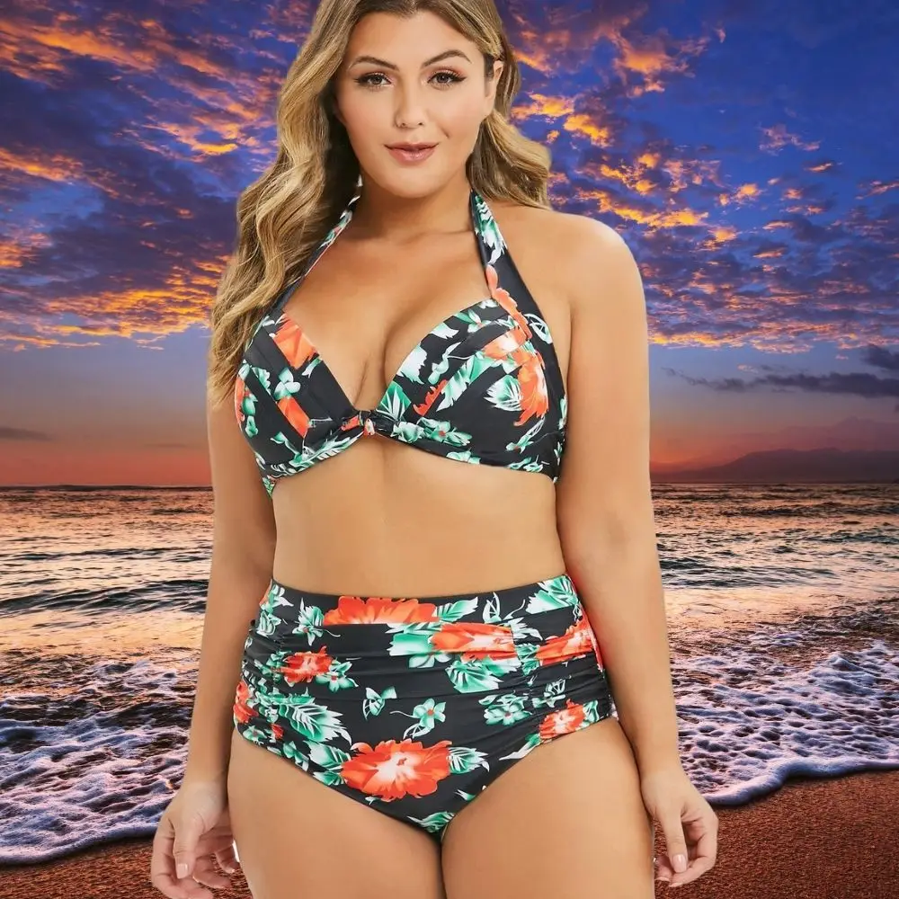 2022 Brazilian Woman Oversize Two-Piece Orange Flower Swimwear Set Black Sexy Tummy Control Bikini Summer Beachwear