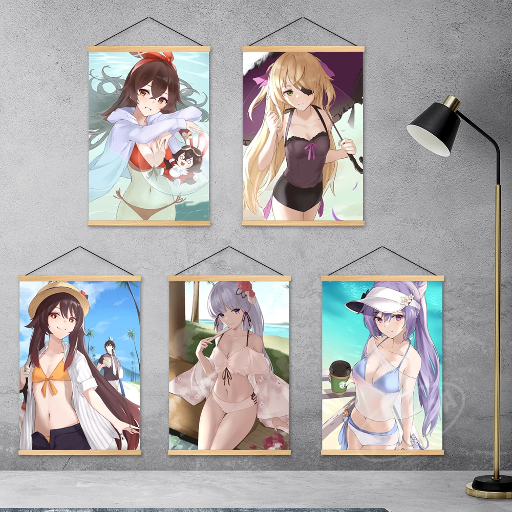 

Home Decor Genshin Impact Wall Game Art Keqing Painting Amber Hanging Wooden Canvas Fischl Print Lumine Picture Rosaria Poster