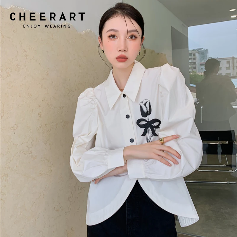 

CHEERART Spring 2022 Womens Fashion Puff Sleeve Top Vintage White Long Sleeve Button Up Collared Shirt Blouse Ladies Top Clothes