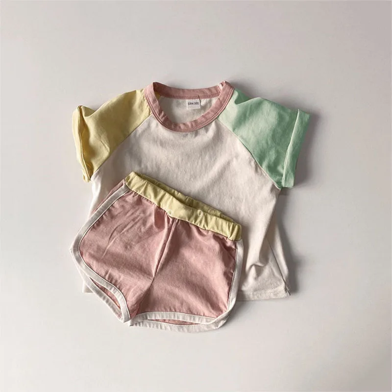2pcs Baby Boys Girls Outfits Sets Summer Fashion Short Sleeve Kids T-shirts + Shorts Stitching Color Clothing
