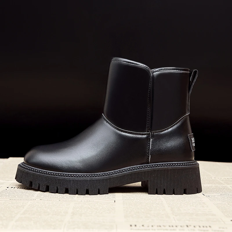 Leather and Fur Shoes for Women Waterproof Black Women's Snow Boots Furry Winter 2023 Shoe Padded Footwear Boot Booties on Sale