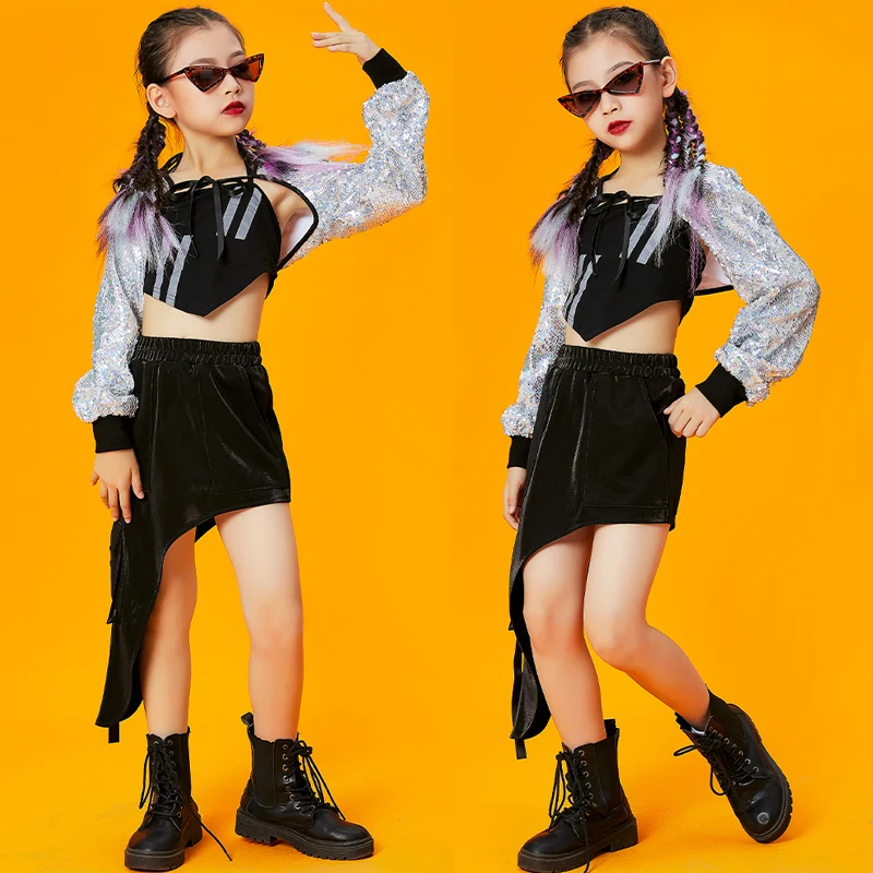 

Girls Jazz Dance Costumes Children Sequins Sliver Crop Tops Skirts Suit Ballroom Hip Hop Dance Performance Rave Clothes DQS10573