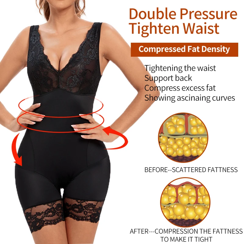 Women Full Body Shapewear Sexy V Neck Bodysuit Slimming Belly Lace Patchwork Underwear Waist Trainer Modeling Strap Corset