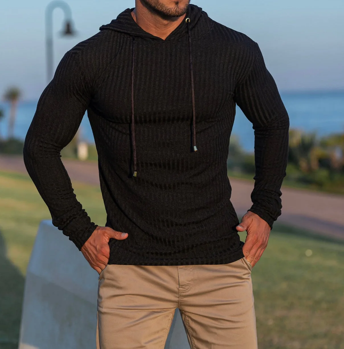 

Men's style sports muscle fitness spring and autumn slimming training wear knitted long sleeve hoodie pullover jacket