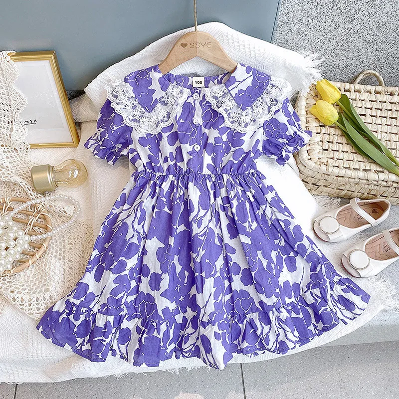 

2022 Summer New Girls Fashion Dress Korean Version Kids Lapel Princess Skirt Baby Lace Collar Skirt Luxury Simple Style Boutique