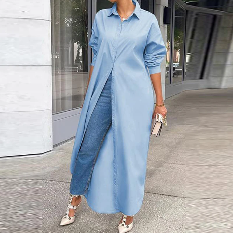 

Elegant Turn-down Collar Button Office Long Dress AutumnWomen Fashion Loose Shirts Dress Casual Long Sleeved Solid Party Dresses