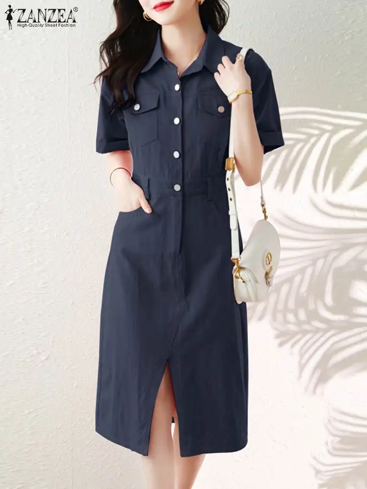

Elegant Shirt Dress For Women Lapel Neck Short Sleeve Vestidos ZANZEA Summer Causal Sundress Female Vintage Loose Work Dresses