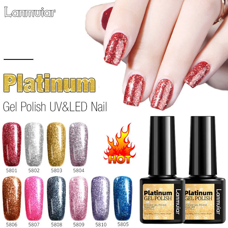 

Platinum Nail Gel Polish Silver Glitter Flakes Nails Art Gels Polish UV LED Semi Permanent Winter Nail Varnish 8ml