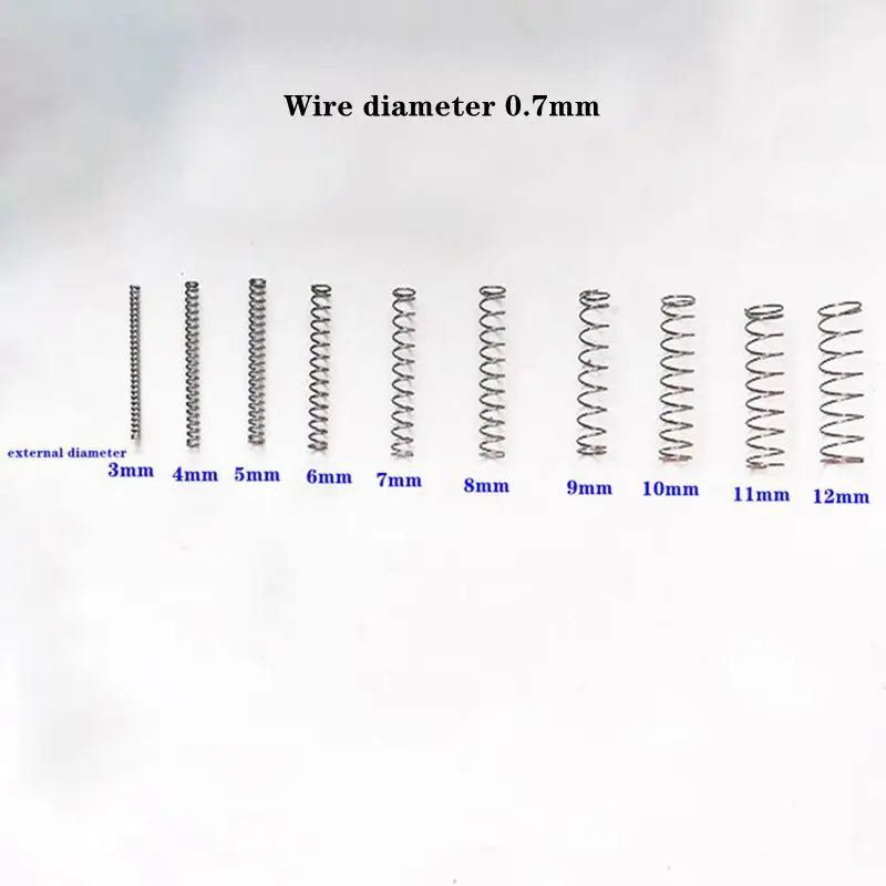 

Компрессионная пружина из нержавеющей стали, проволока диаметром 0,7 мм, внешний диаметр 5/6/7/8/9/12 мм, Длина 5/10/15/20/25/30/35/40/45/50 мм