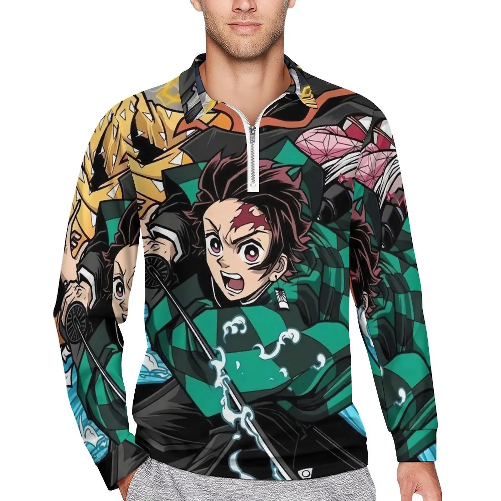 

Demon Slayer Anime Casual T-Shirts Man Kimetsu No Yaiba Long Sleeve Polo Shirt Collar Y2K Daily Custom Shirt Large Size