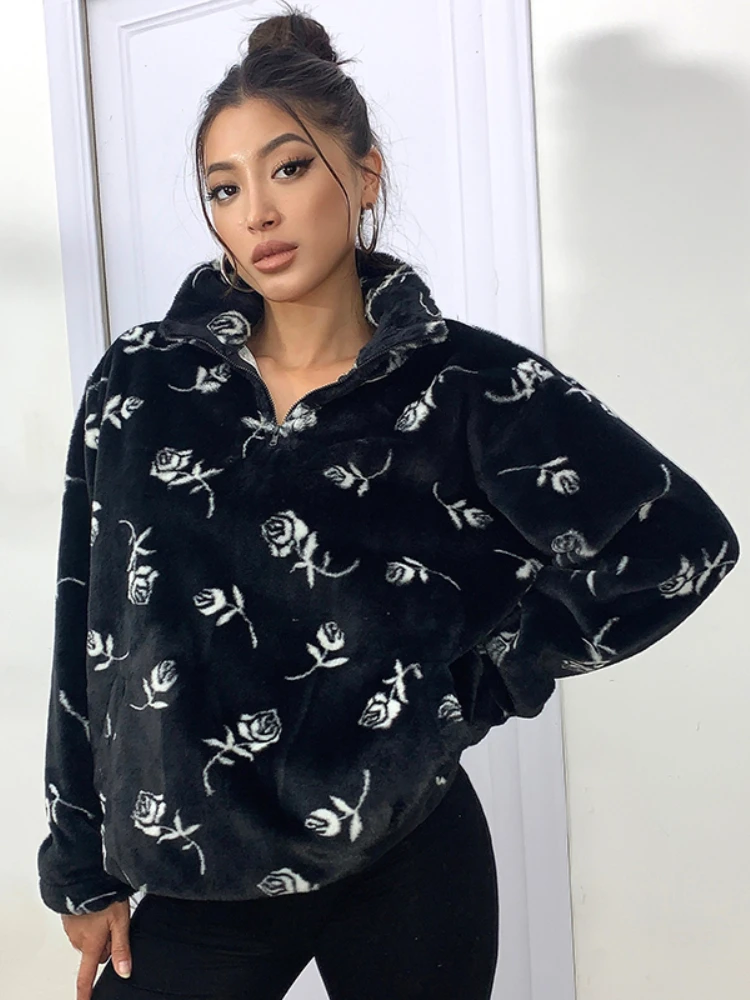 WieYao 2022 Winter Fluffy Faux Fur Coats For Women Floral Print Zip Up Stand Collar Full Sleeve Oversized Pullover Sweatshirts