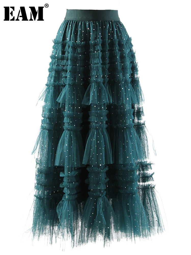 

[EAM] High Elastic Waist Green Mesh Nailed Long Sequins Cake Half-body Skirt Women Fashion New Spring Autumn 2022 1DE6379