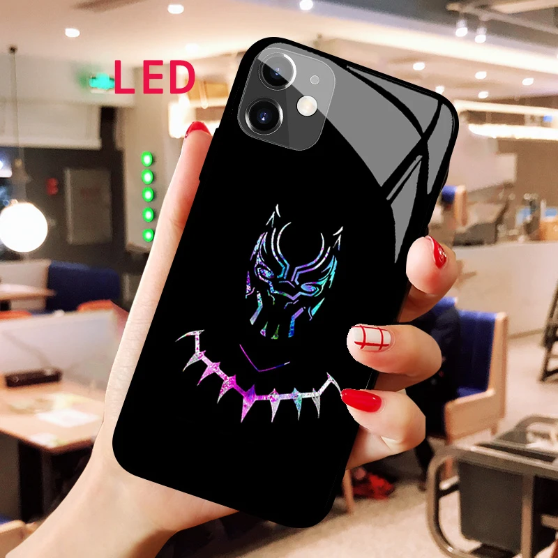 

Black Panther Luminous Tempered Glass phone case For Apple iphone 12 11 Pro Max XS mini Acoustic Control Protect Backlight cover
