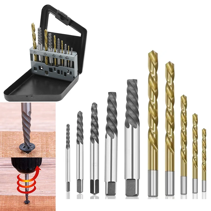 10Pcs Damaged Screw Extractor and HSS Cobalt Left Hand Drill Bit Set Handed Stud Remover Tools