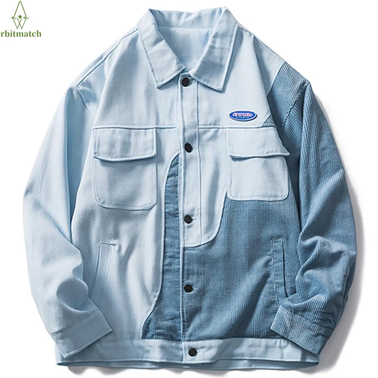 

Men Harajuku Hip Hop Streetwear Multi Pockets Denim Jacket Corduroy Color Block Patchwork Graphic Print Autumn Cargo Jacket Coat