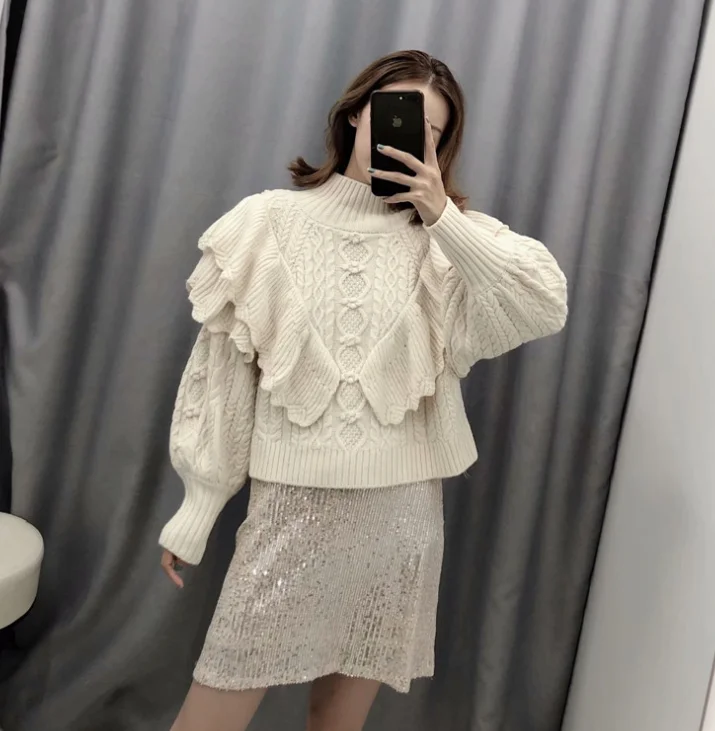 

Women Winter Lantern Sleeve Knitted Sweater Fashion Vintage High Neck Warmth Female Pullovers Chic Ruffled Cropped AutumnTops