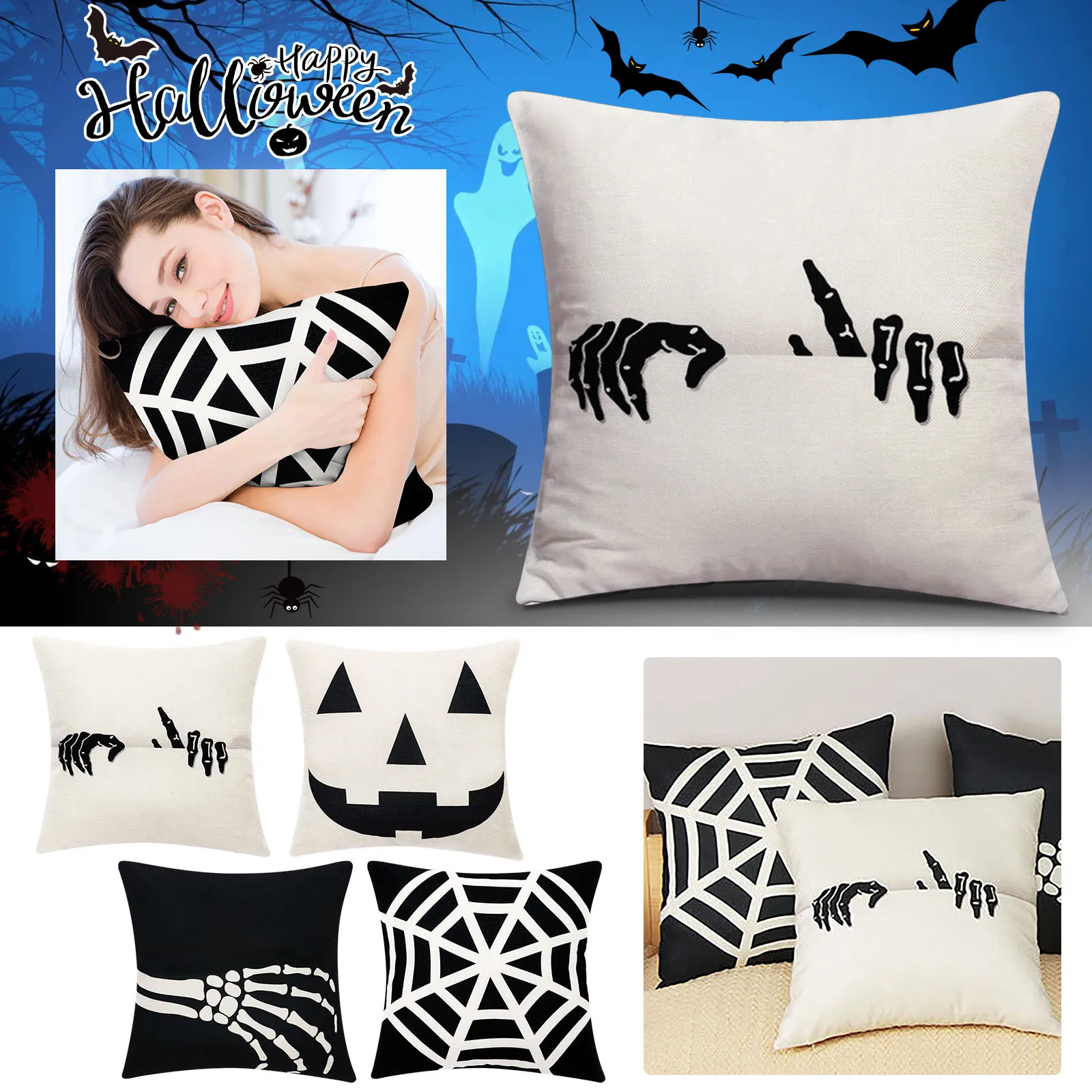 

4PC 17.7×17.7in Halloween Decorations Living Room Sofa Party Pillow Imitation Linen Digital Printing White Sham Pillow Cases