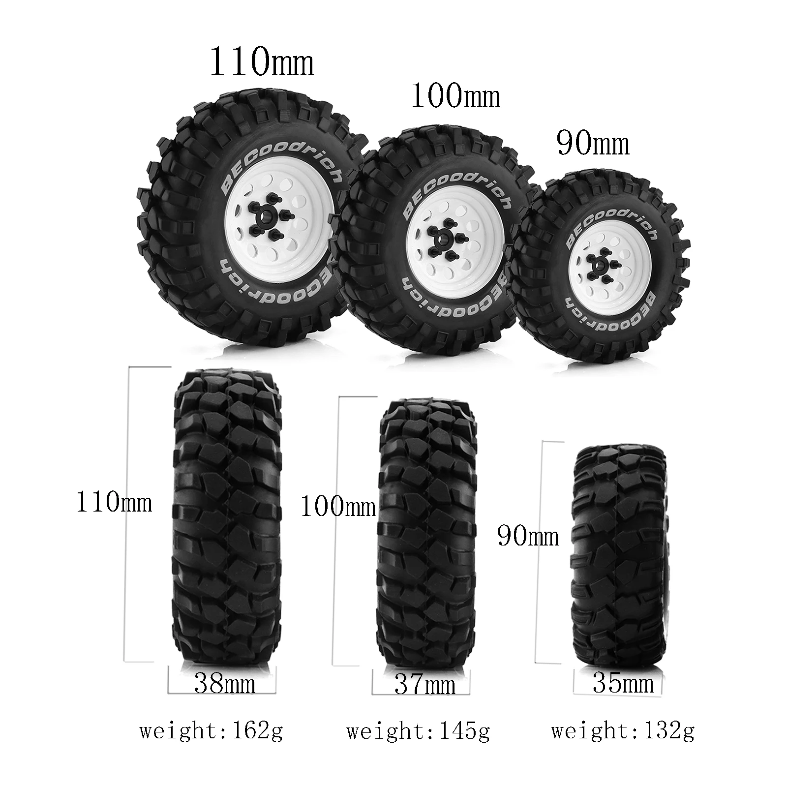 

4pcs 1.9 Inch Metal Wheel Rim 90 100 110mm Rubber Tire For 1/10 RC Crawler Car TRX4 SCX10 D90 CC01 YIKONG 4102 4103