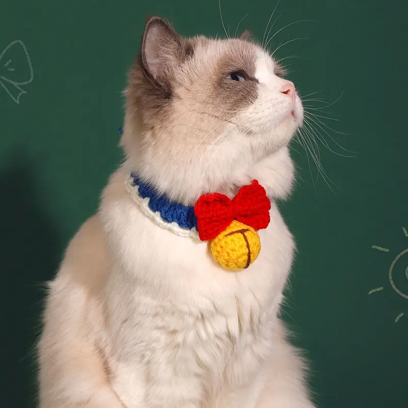 

Pet Yarn Knitted Collars Cats Dogs Handmade Birthday Decoration Bells Bibs Cute