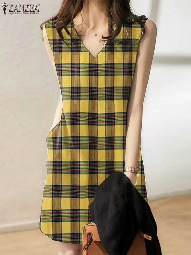 

Женский сарафан в клетку, без рукавов, с V-образным вырезом