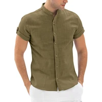 mens short sleeve cotton linen shirts stand collar straight slim top casual summer cool shirts korean clothes oversized shirt