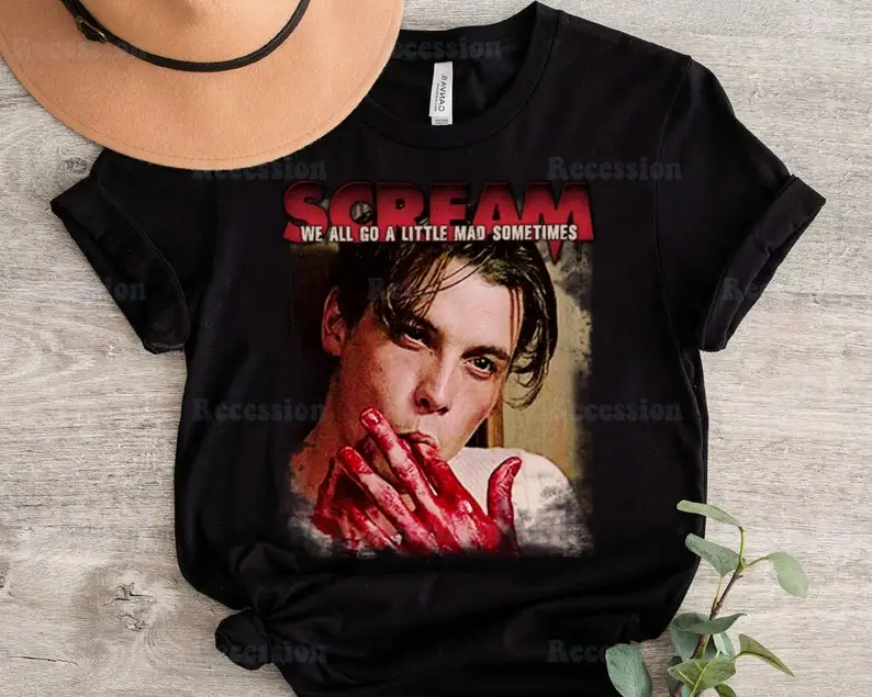 

Scream Movie Ghostface Shirt Billy Loomis We All Go A Little Mad Sometimes Sweat-shirt 90S Horror Movie Friday 13th Tee Funny